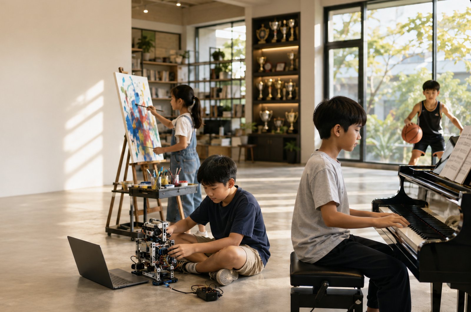 Ilustrasi anak-anak menekuni beragam bidang: melukis, robotika, piano, dan olahraga